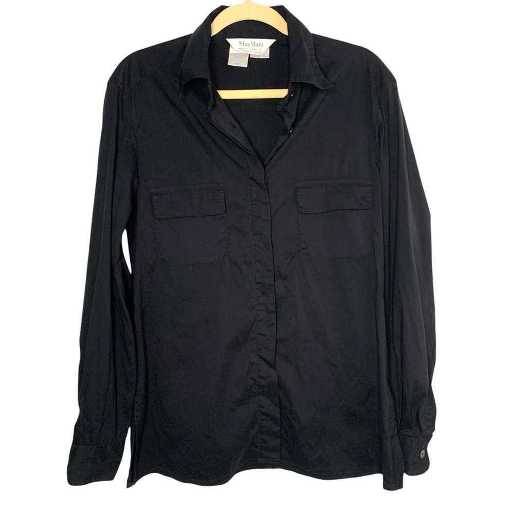 MaxMara Black Cotton Size 8 Hidden Button Casual Minimalist Luxury Button Blouse